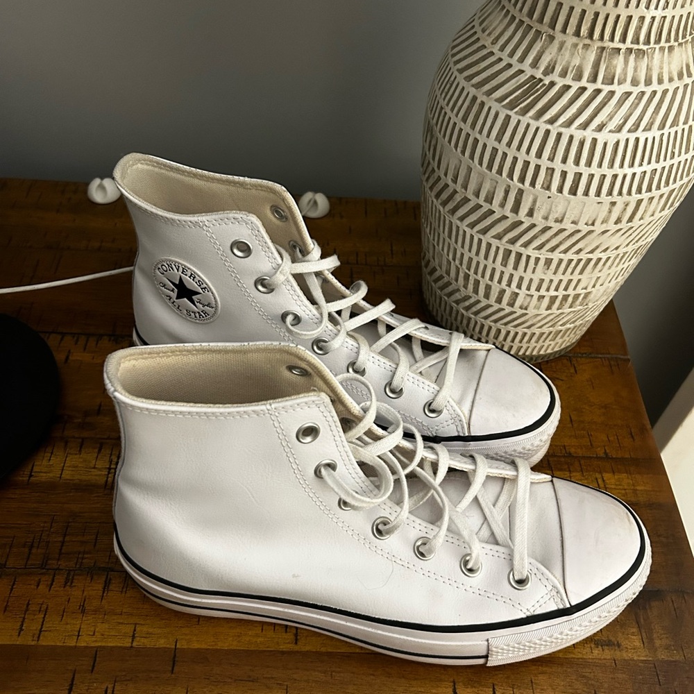Converse White High-Top Sneakers with Black Trim - Leather Platform